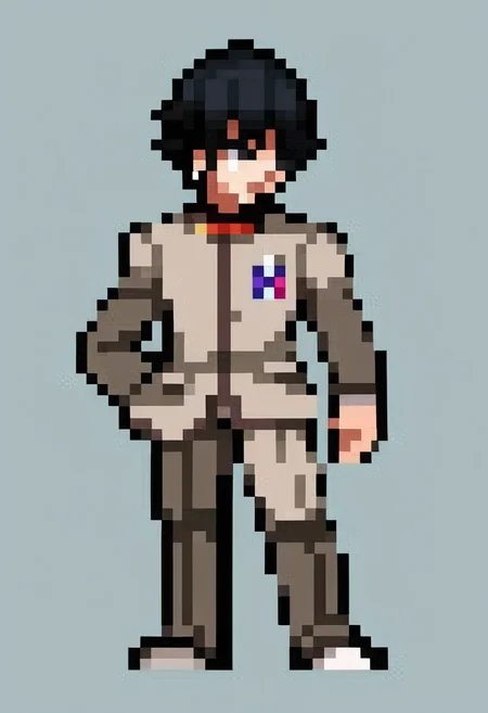 score_9, score_8_up, score_7_up, source_anime, BREAK, solo, 1boy, looking at viewer, <lora:Leanboox-Sprite-Style-pdxl_Fp:1>, simple background, full body, pixel art, <lora:Naoya-pdxl_Fp:0.8>, naoyap1, school uniform, grey pants, single earring, emblem. black hair, black eyes, short hair,
