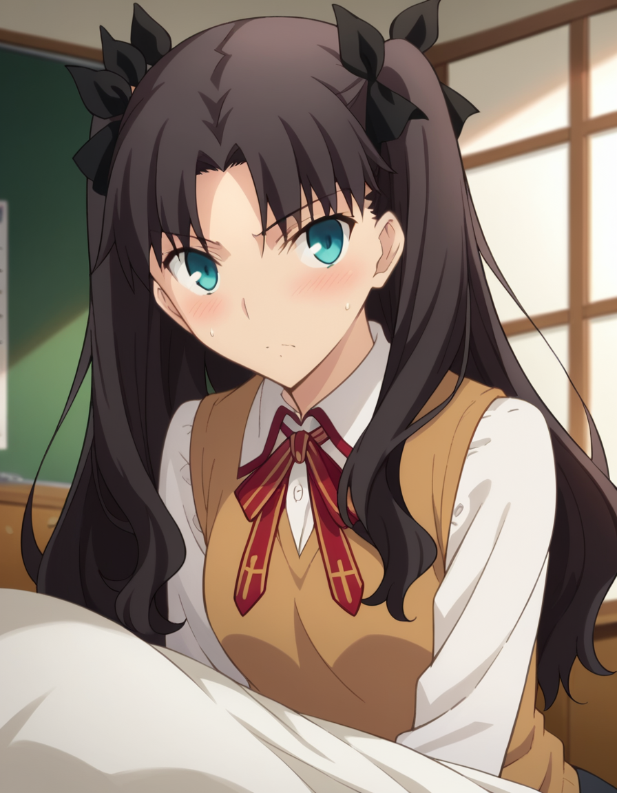 score_9, score_8_up, score_7_up, source_anime,
rintohsaka, <lora:rin-tohsaka-ubw-ponyxl-lora-nochekaiser:1>,
rin tohsaka, aqua eyes, black hair, hair ribbon, long hair, ribbon, sidelocks, two side up, parted bangs,
brown sweater vest, collared shirt, homurahara academy school uniform, neck ribbon, red ribbon, ribbon, school uniform, shirt, sweater vest, white shirt,
indoors, bed, bed room, on side, blush, drunk,
looking at viewer, dutch angle, cowboy shot,