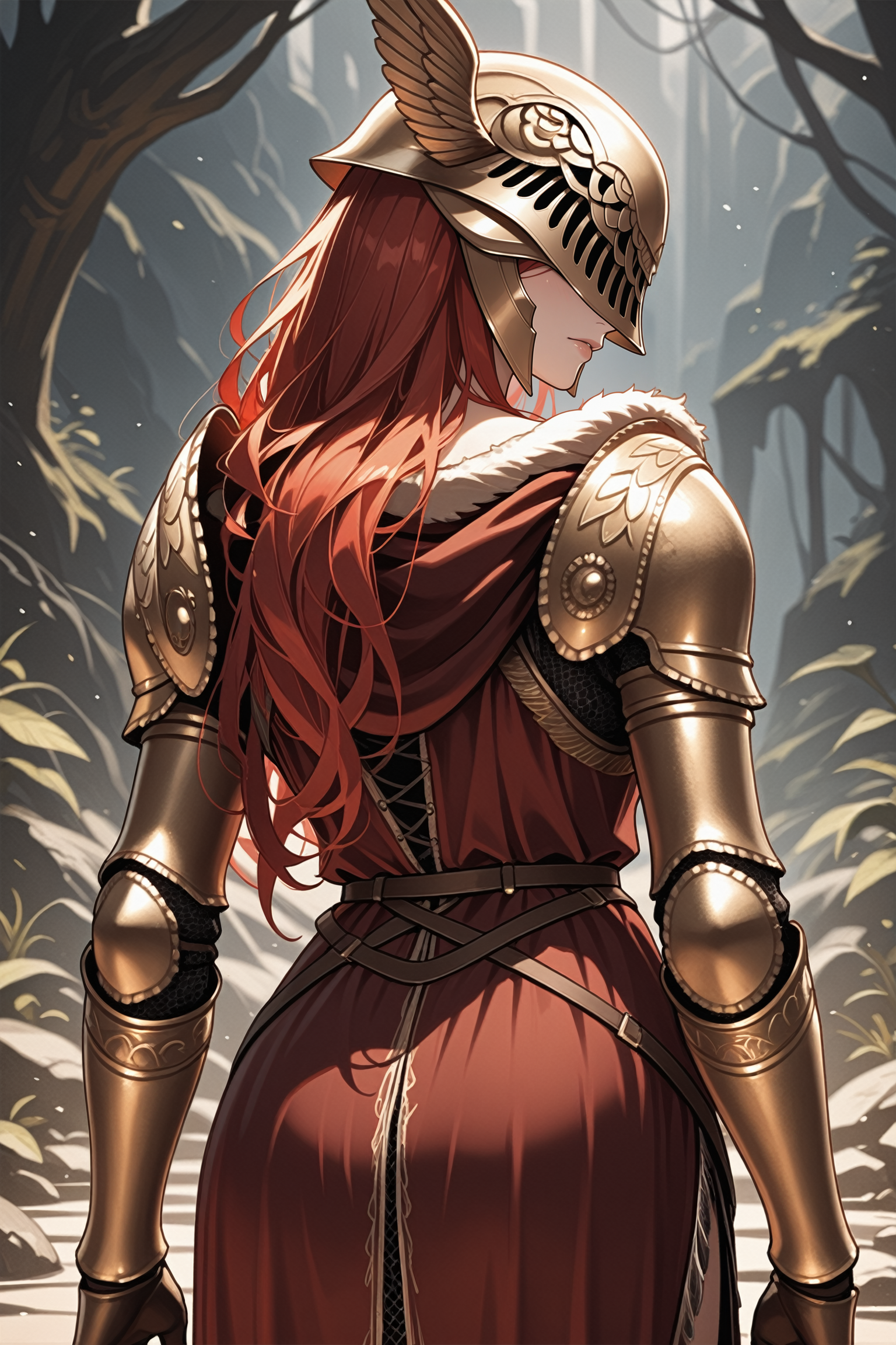 masterpiece, best quality, absurdres,
<lora:ILERMalenia:0.8>
ERMalenia, 1girl, helmet, covered eyes, long hair, red hair, armor, looking at viewer, from behind, looking at viewer