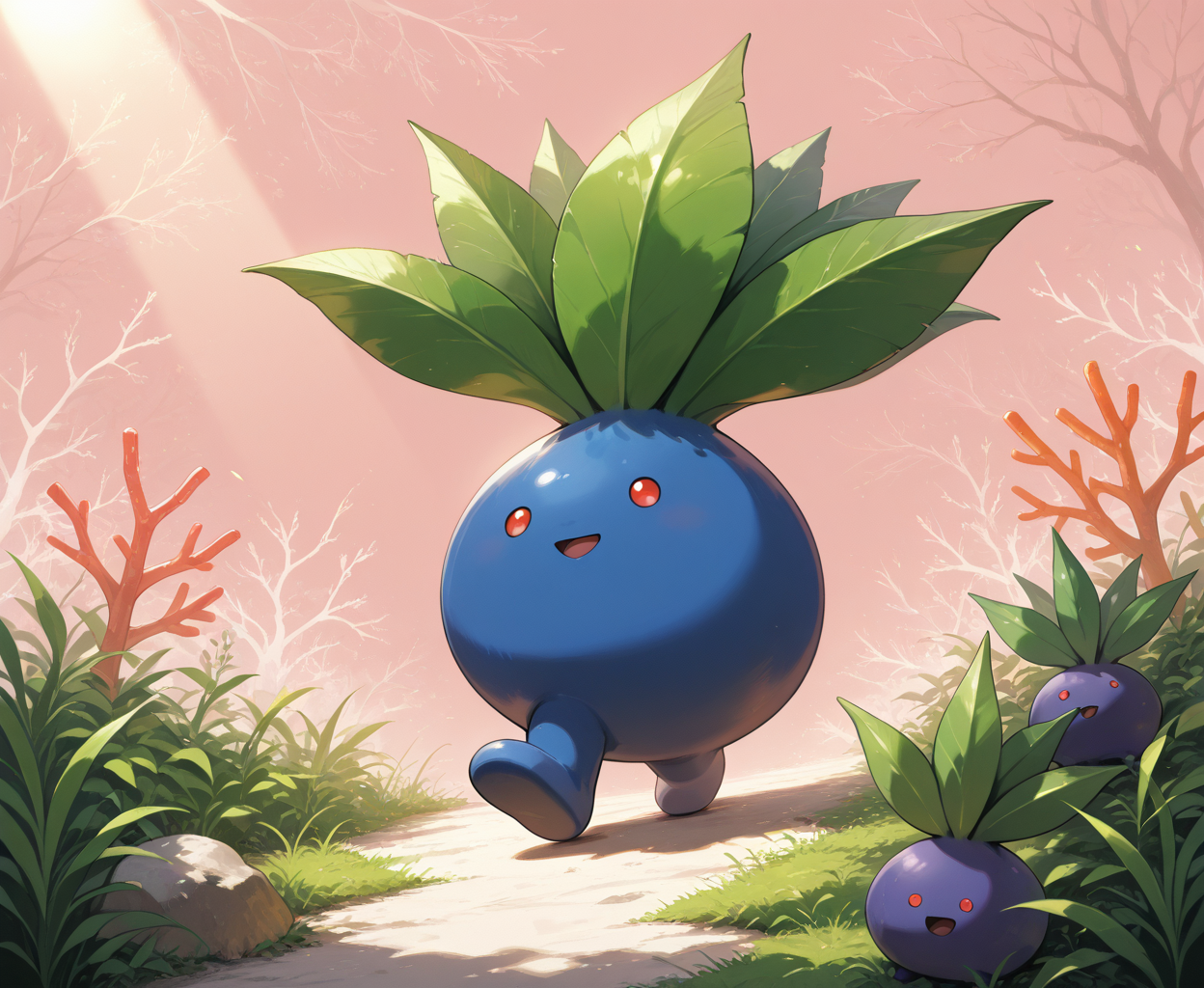 PonyScores7, source_anime,
BREAK (looking to the side), (Coral background with large teal circles dispersed evenly), (walking), looking at viewer,  <lora:OddishPokedexPDXL:0.8> zzOddish, full body, red eyes, grass, blueberry, pokemon, oddish, leaf, no humans, pokemon (creature), multiple oddish, 6oddish,
BREAK <lora:xl_more_art-full_v1:0.2>, <lora:aesthetic_anime_v1s:0.2>, <lora:EpicF4nta5yXL:0.2>, <lora:detailxl:0.2> detailxl, <lora:Fant5yP0ny:0.2>, best quality, amazing quality, best aesthetic, absurdres, illustration, Volumetric_Lighting, ultra-detailed, very aesthetic, intricate details, 8k, masterpiece, best_quality 
BREAK (profile) 
BREAK <lora:Complicated fantasy portrait - XL Pony V2.0:0.4>, <lora:HDA_Detailer:0.2>,