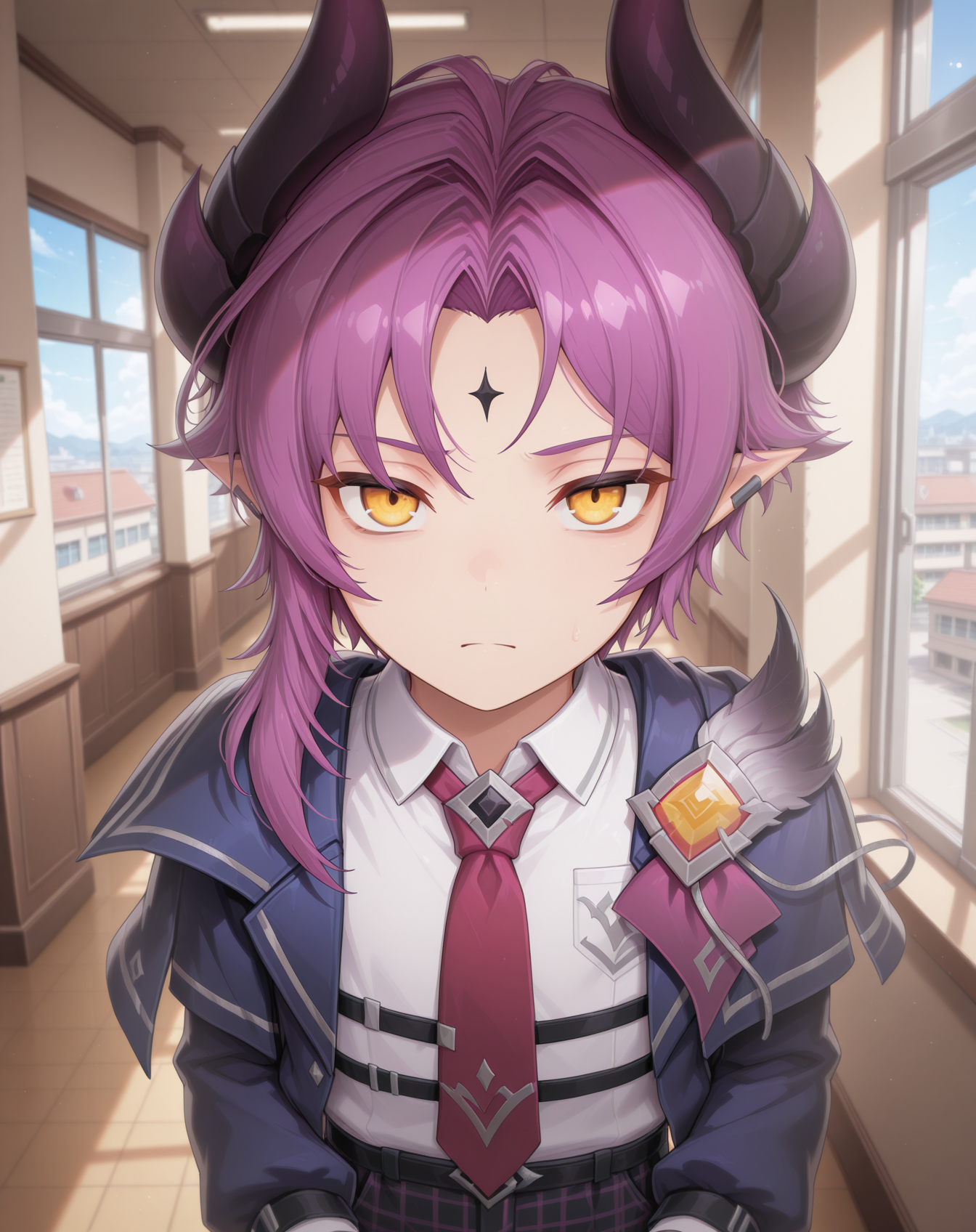 masterpiece,best quality,amazing quality, newest, very aesthetic, absurdres,
1boy, solo, yaoi, male focus, looking at viewer, cowboy shot,
<lora:Veigas_T_Default_ilxl:1> veigastdefault, demon horns, yellow eyes, purple hair, pointy ears, forehead mark, demon boy, parted bangs, black horns,asymmetrical hair,
school uniform, white shirt, collared shirt, blue jacket, red necktie, black pants, plaid pants,
indoors, school, hallway, window, day, sun,