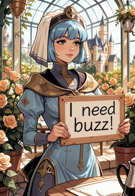(1girl:1.2), (solo:1.1), need_buzz, close-up, holding sign, beautiful face, silquedef, blue hair, short hair, blue eyes, veil, breasts, dress, Indoor, castle, greenhouse, plants, beautiful flowers, roses, table, coffee pot, masterpiece, good quality, best quality, very aesthetic, absurdres, scenery, volumetric lighting, Detailed face, detailed background, volumatic lighting, newest,