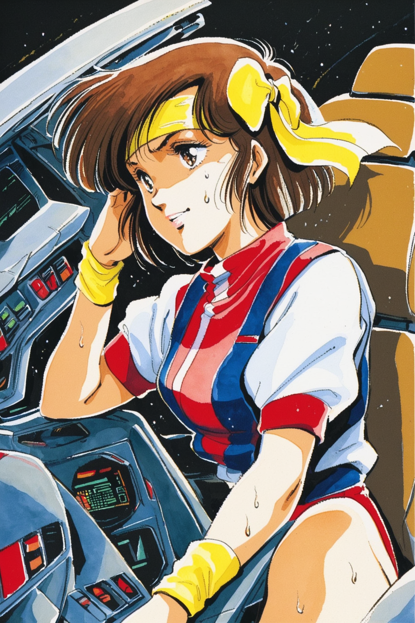 Noriko Takaya,1girl,headband,solo,short hair,retro artstyle,sweat,cockpit,1980s (style),brown hair,yellow wristband,robot,short sleeves,mecha,traditional media,watercolor (medium),<lora:Haruhiko Mikimoto_XL_V2:0.8>,