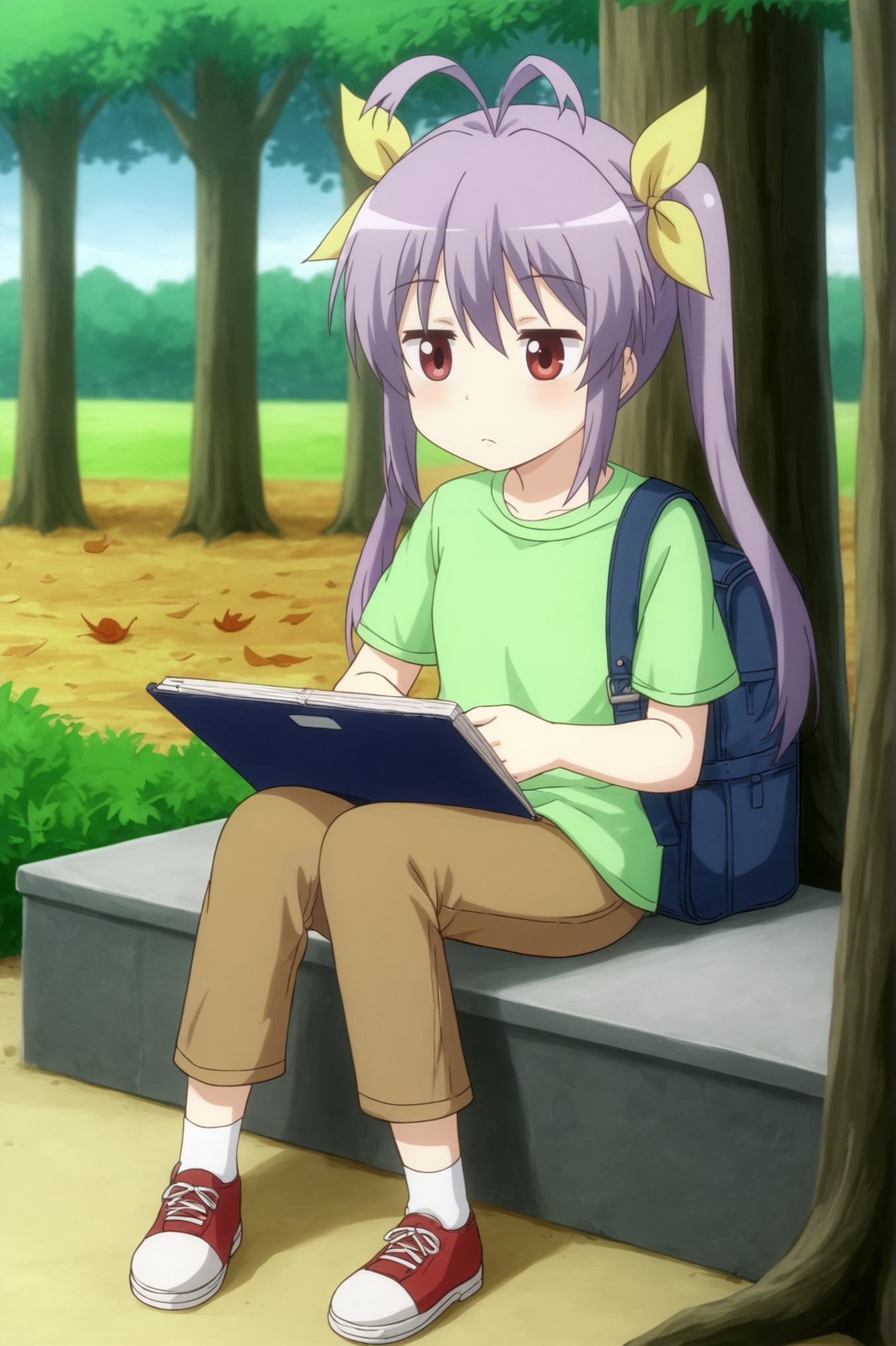 <lora:Renge_Miyauchi:0.7>, Renge Miyauchi, 1girl, solo, shirt, holding, ribbon, sitting, outdoors, shoes, socks, pants, bag, tree, leaf, white_socks, yellow_ribbon, green_shirt, brown_pants, pencil, notebook, sketchbook <lora:sdxl_lightning_4step_lora:1>