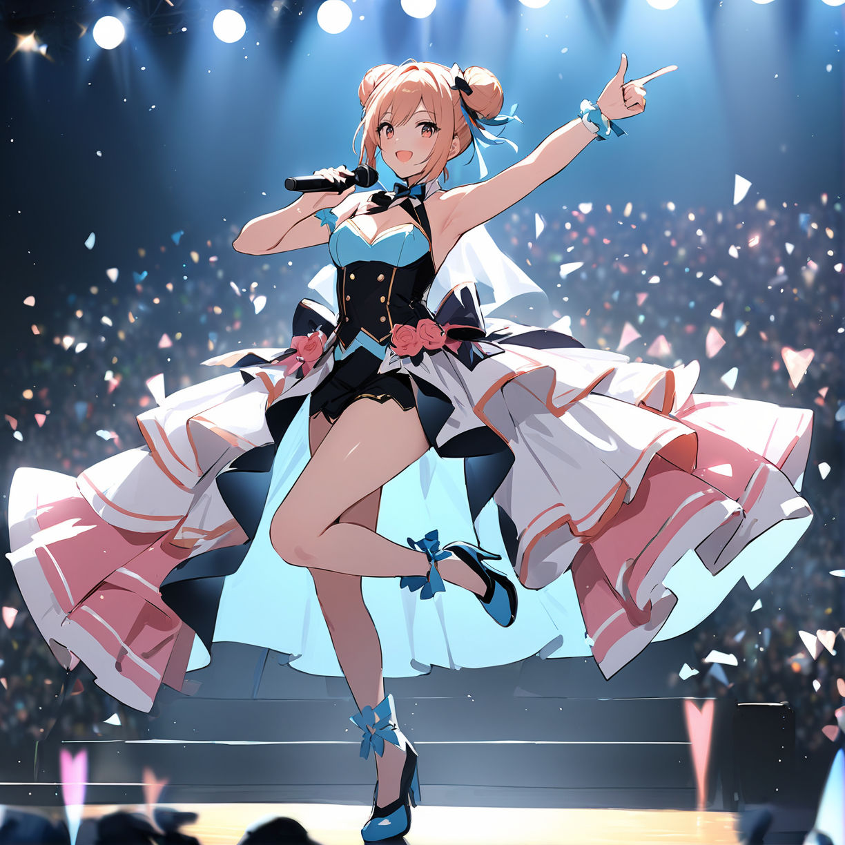 masterpiece, best quality, 1girl, smile, double bun,  on stage, standing, idol, idol dress, showgirl skirt, arms up, finger gun,