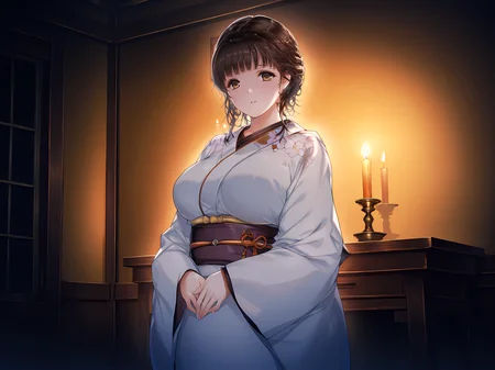 <lora:HaHa_Ranman_Illustrious:1>,mayuko,alicesoft,kimono outfit,posing,indoors,dim lighting,dark room,candlelight,, masterpiece,best quality,amazing quality,