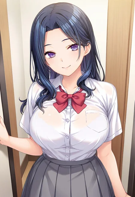FujiMari, dark blue hair, long wavy hair, purple eyes, smile, standing, white shirt, red bowtie, pleated grey skirt, short sleeves, indoors,
BREAK
(absurdres, best quality, masterpiece:1.4), amazing quality, highres, newest, detailed, detailed body, detailed face, beautiful, looking at viewer, 1girl, solo,