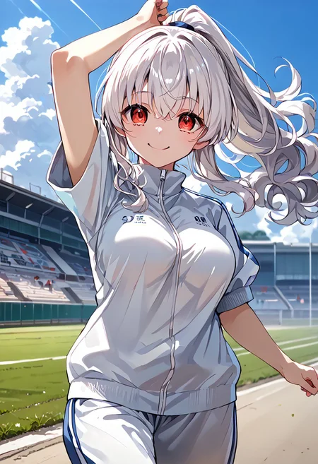 score_9, score_8_up, score_7_up, source_anime, rating safe, outdoor, back shot, 1girl, 18yo, tracksuits, running, one arm up, white hair, long hair, wavy hair, ponytail, red eyes, upturned eyes,  expressive eyes, curvy, shy smile, large breasts, perfect hand, detailed, day, 8k, masterpiece, by koumashiro,