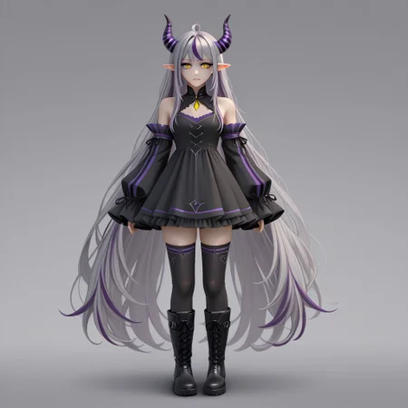 coll-jahi 1girl solo streaked hair long hair pointy ears horns thighhighs yellow eyes dress boots multicolored hair detached sleeves full body black dress very long hair