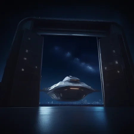 Large sci-fi ship hanger with a large door. in the background outside of the door is a big city with large buildings. night sky. beautiful starry sky. depth of field.  Natural lighting. moolight reaching through the hanger door.