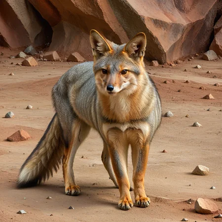 incredibly absurdres,solo,photorealistic,southamericanfox,gray fur,feral,detailed background,looking at viewer,outdoors,standing on ground,<lora:Foxes_-_Multiple_Species:1>,