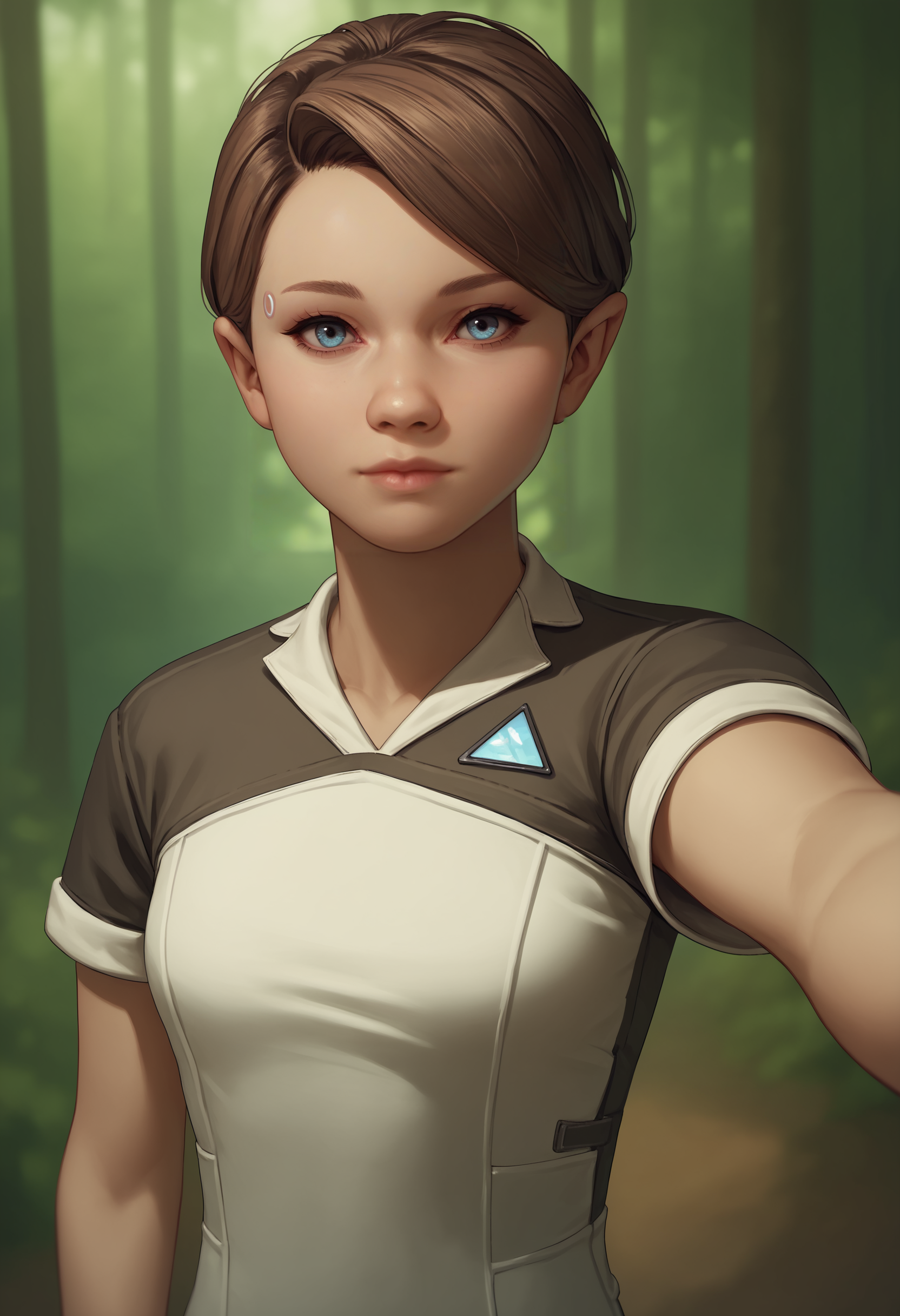 score_9, score_8_up, score_7_up, score_6_up, score_5_up, score_4_up, 1girl, <lora:KaraDBH:0.85> solo, short hair, brown hair, blue eyes, lips, dress, pants, short sleeves, upper body, looking at viewer, selfie pose, 
(forest background),