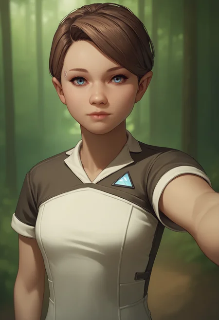score_9, score_8_up, score_7_up, score_6_up, score_5_up, score_4_up, 1girl, <lora:KaraDBH:0.85> solo, short hair, brown hair, blue eyes, lips, dress, pants, short sleeves, upper body, looking at viewer, selfie pose,
(forest background),