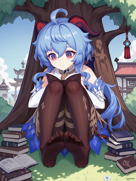 score_9,score_8_up,score_7_up,score_6_up, source_anime,
1girl, solo, <lora:SeeDark_Style_Pony_v3:1.1> , detailed face, detailed eyes, (ganyu \(genshin impact\):1.5), sitting under tree, big tree, in shade, (reading book:1.5), knees together, (feet together:1.5), pantyhose, thicc thighs, wide hips, (chinese town, liyue:1.5), liyue, eyes half-closed, smile, (foreshortening, feet focus:1.4), (looking down at book:1.1), pile of books,