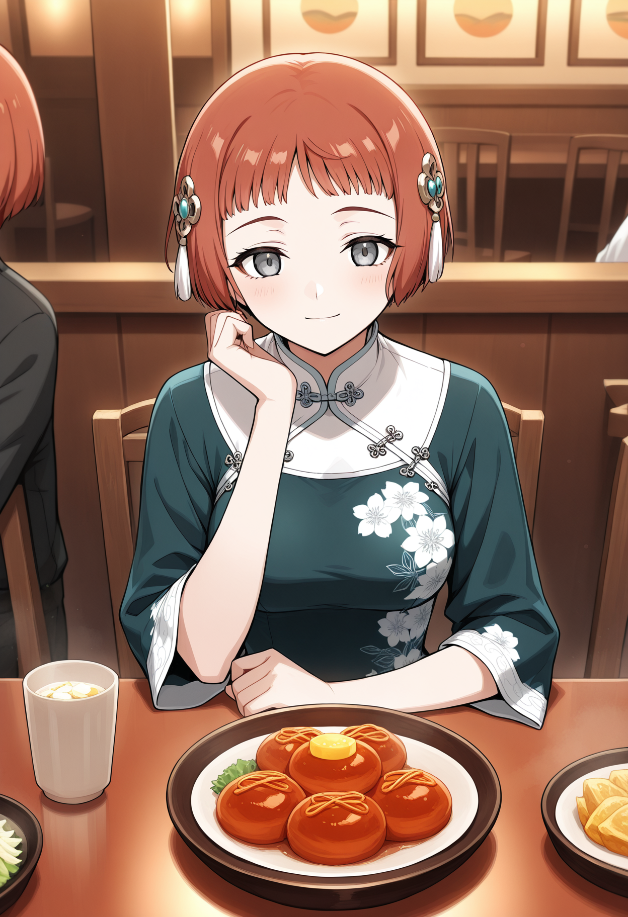 <lora:LastExileLaviIL:1>, laviehead, grey eyes,
light smile, hair ornament, qipao dress, floral print,
pov across table, pov dating, sitting, smile, food, cup, upper body, restaurant, chair ,
masterpiece,best quality,amazing quality,
