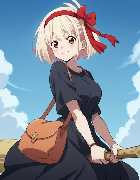score_9, score_8_up, score_7_up, source_anime, chisatonishikigi, <lora:chisato-nishikigi-s1-ponyxl-lora-nochekaiser:1>, chisato nishikigi, short hair, bangs, blonde hair, red eyes, hair ribbon, one side up, bob cut, large breasts,, <lora:witch-kiki-cosplay-ponyxl-lora-nochekaiser:1>, witch kiki cosplay, kiki (majo no takkyuubin) (cosplay), bag, black dress, bow, bow hairband, cosplay dress, hairband, long dress, red bow, red hairband, shoulder bag, sleeves past elbows,, blue sky, broom, broom riding, smile, blush,, cowboy shot, looking at viewer,