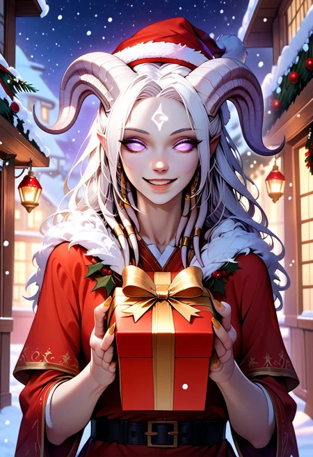 (absurdres, best quality, masterpiece:1.4), score_9, score_8_up, score_7_up, score_6_up, detailed, detailed body, detailed face, world of warcraft, fantasy, <lora:add-detail-xl:1.5>, 
fFaceDetail, ((female, draenei, tall, athletic arms, pale white skin, long white hair, purple eyes, no sclera, long white tail), (h0rns, ram horns, white horns), 
(long fingers, gold fingernails, gold nail polish)), 
alone, upper body, standing, looking toward viewer, soft smile, 
Red santa dress with a white fur trim, red santa hat with a white fur trim, black belt with a gold buckle,
christmas present, holding a christmas present, holding present towards viewer, 
depth of field, evening, outdoor, harbour, snowing, light snow