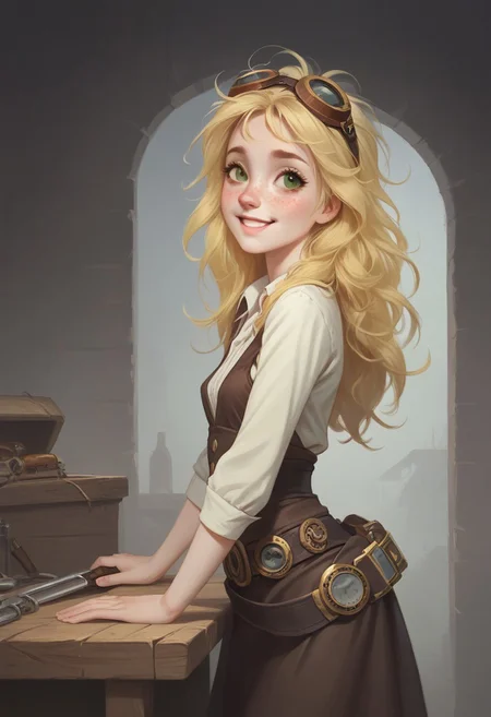 score_9, score_8_up, score_7_up, extremely detailed, sepia tone, old photograph, 1 girl, short, pale skin, cute face, green eyes, freckles, long blonde hair, messy hair, petite, small breasts, tool belt, steampunk goggles, leaning against table, in a workshop, amazed expression, smiling, from side, mgxt