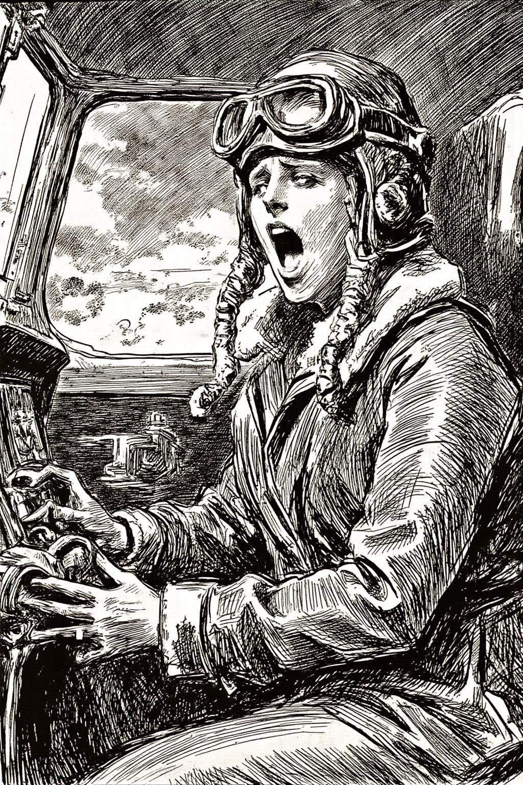 charlesdgibson1 color illustration.
A female pilot screaming inside the cockpit of a World War II bomber. The pilot, wearing a vintage leather flight helmet with goggles and a bomber jacket, grips the controls with white-knuckled hands. Her face is contorted in a mix of fear and determination as she yells, her eyes wide with adrenaline. The cockpit is cramped and filled with old-fashioned dials and gauges, with the outside view showing dark stormy clouds and distant anti-aircraft fire <lora:charlesdgibson1_cap_d8a4:1.0><lora:840184951585451450:0>