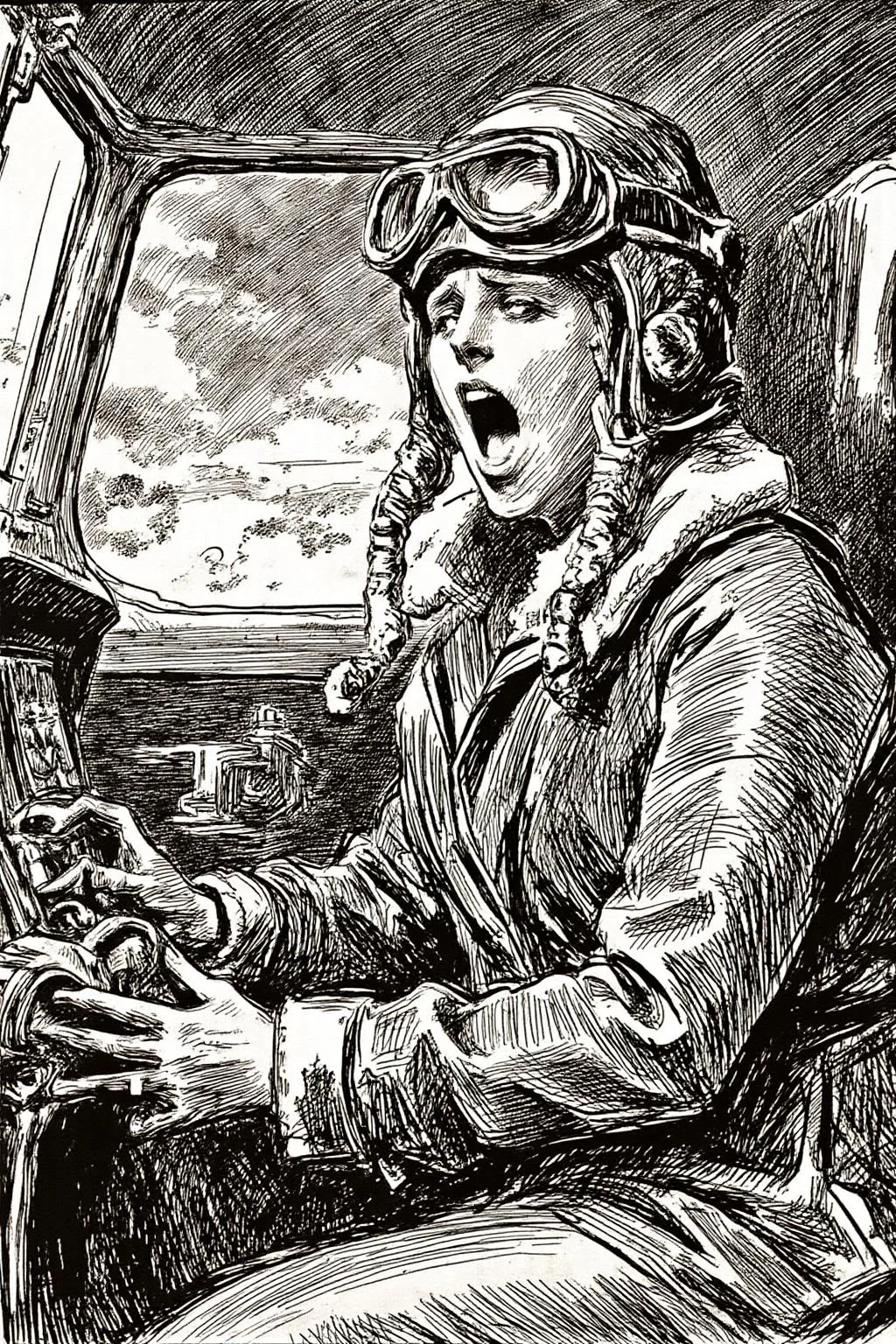 charlesdgibson1 color illustration.
A female pilot screaming inside the cockpit of a World War II bomber. The pilot, wearing a vintage leather flight helmet with goggles and a bomber jacket, grips the controls with white-knuckled hands. Her face is contorted in a mix of fear and determination as she yells, her eyes wide with adrenaline. The cockpit is cramped and filled with old-fashioned dials and gauges, with the outside view showing dark stormy clouds and distant anti-aircraft fire <lora:charlesdgibson1_cap_d8a4:1.0><lora:840184951585451450:0>