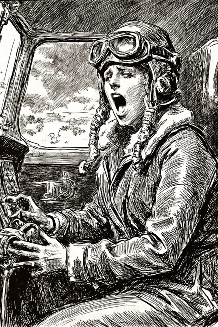 charlesdgibson1 color illustration.
A female pilot screaming inside the cockpit of a World War II bomber. The pilot, wearing a vintage leather flight helmet with goggles and a bomber jacket, grips the controls with white-knuckled hands. Her face is contorted in a mix of fear and determination as she yells, her eyes wide with adrenaline. The cockpit is cramped and filled with old-fashioned dials and gauges, with the outside view showing dark stormy clouds and distant anti-aircraft fire <lora:charlesdgibson1_cap_d8a4:1.0><lora:840184951585451450:0>