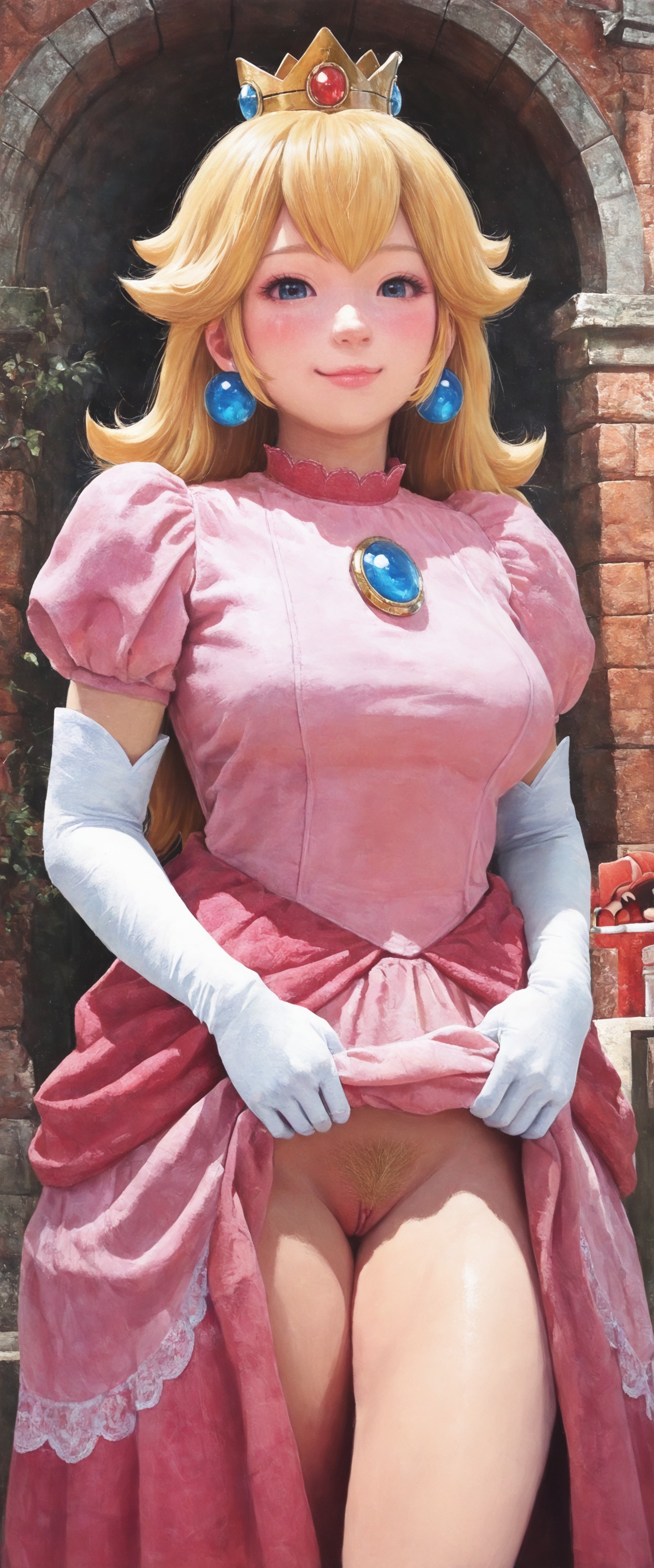 masterpiece, best quality, amazing quality, very aesthetic, absurdres, 
BREAK, 
1girl, princess peach, mario \(series\), :3, blonde hair, blonde pubic hair, blush, breasts, clothes lift, cowboy shot, crown, dress, earrings, elbow gloves, female pubic hair, gloves, large breasts, looking at viewer, no panties, pink dress, pubic hair, puffy short sleeves, puffy sleeves, pussy, scenery, short sleeves, skirt, smile, solo, thick thighs, thighs, uncensored, white gloves, realistic, photorealistic, oil painting \(medium\), traditional media, naohiro ito, <lora:5eaf596a-3cfd-421d-8189-b22478f4399f:1.0>