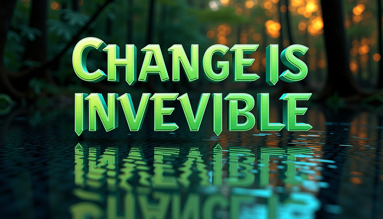 <lora:SC2Font:0.5>A SC2StyleFont text that says "Change is inevitable" in Futuristic Forest Green letters, over a colorful mirror, warping background. Under the text, draw an icon that captures the meaning of the words