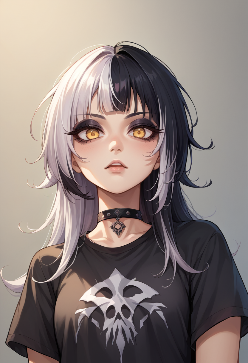score_9, score_8_up, score_7_up, source_anime, 1girl, solo, ShioriNovella, split-color hair, white hair, black hair, yellow eyes, long hair, black shirt, t-shirt, black choker, goth, eyeliner, eyeshadow, <lora:ChamShioriNovella:1>