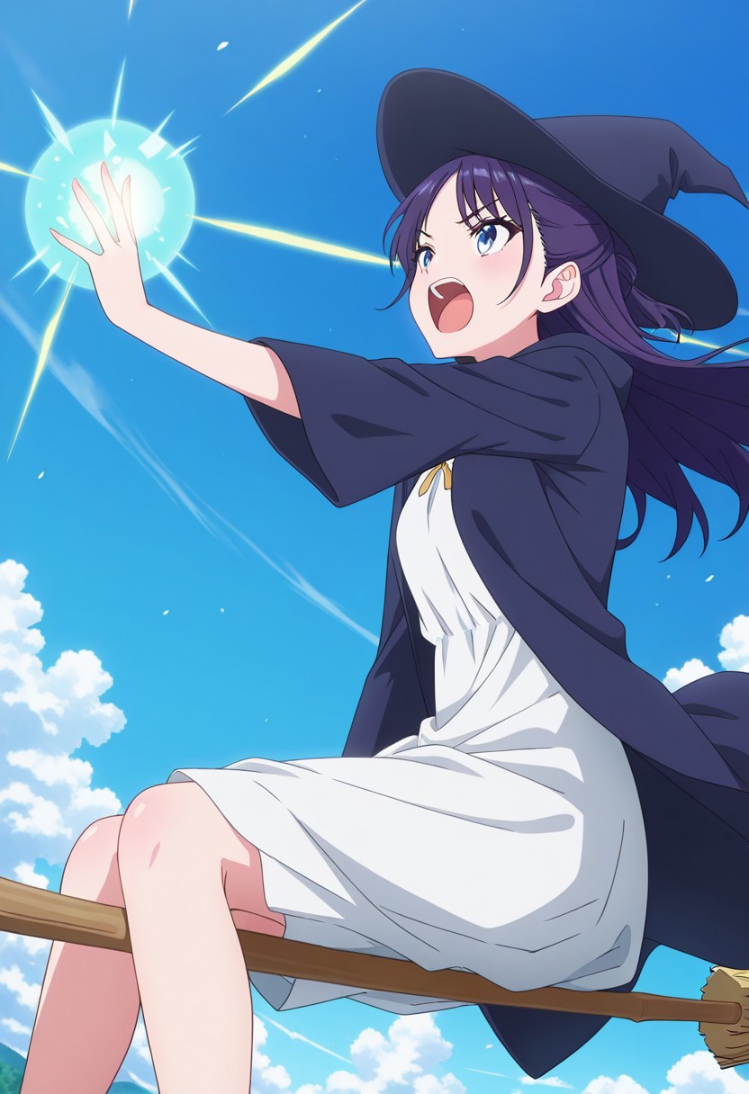 (absurdres, best quality, masterpiece:1.4), amazing quality, highres, newest, detailed, detailed body, detailed face, source anime, anime coloring, beautiful, floating, blue sky, petite, unique perspective, dutch angle,
BREAK
WWNemu, 1girl, solo, shouting, NemuAniHu, dark purple hair, parted bangs, half updo,, blue eyes, witch hat, robe, white inner dress, broom riding, sidesaddle, casting spell,