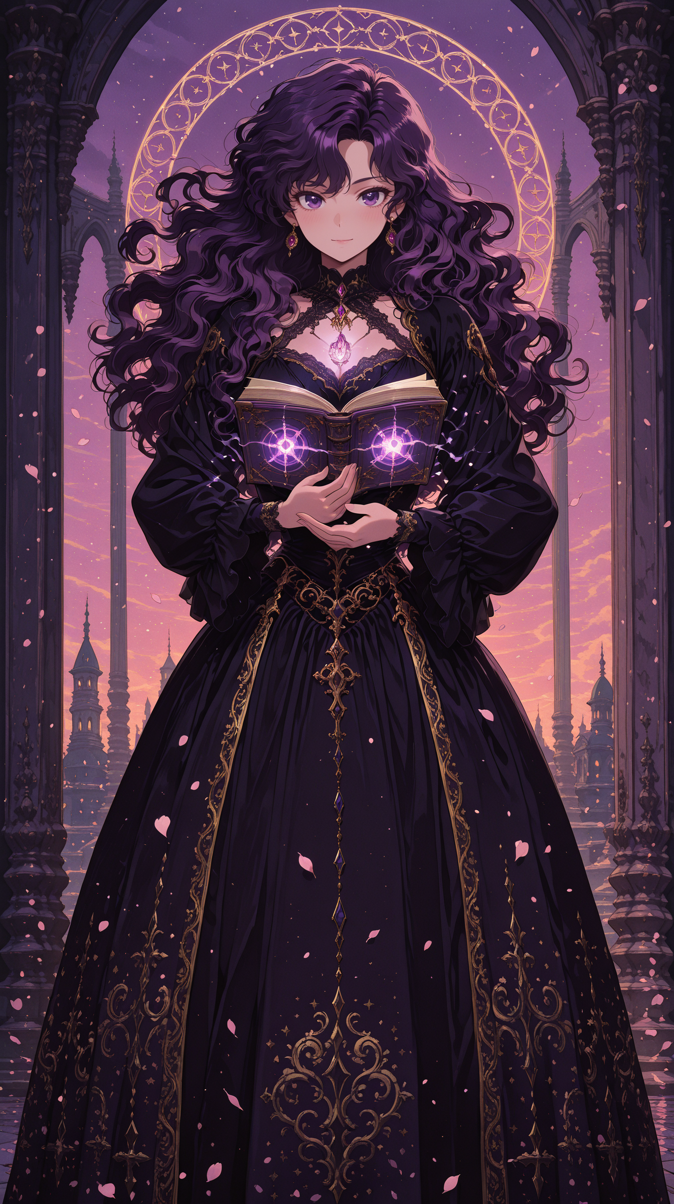 1girl, dark purple wavy hair, striking silver eyes, wearing an elegant gothic-style sorceress dress with golden embroidery, floating mid-air with swirling enchanted mist around her, open book glowing with magical runes, intricate magical sigils forming around her hands, deep twilight sky with drifting cherry blossom petals, cinematic composition, atmospheric lighting, highly detailed masterpiece, best quality, amazing quality, very aesthetic, absurdres, detailed eyes, newest, <lora:PinkieRetroAnimeIL:1>, pinkretroanime, retro art,