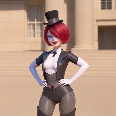 <lora:magicianladybug_pony_v1:.8> MagicianLadyBug, 1girl, top hat, short hair, elbow gloves, hair over one eye, red hair, thighhighs, mask, lipstick, white gloves, makeup, fishnets, cowboy shot, hands on hips