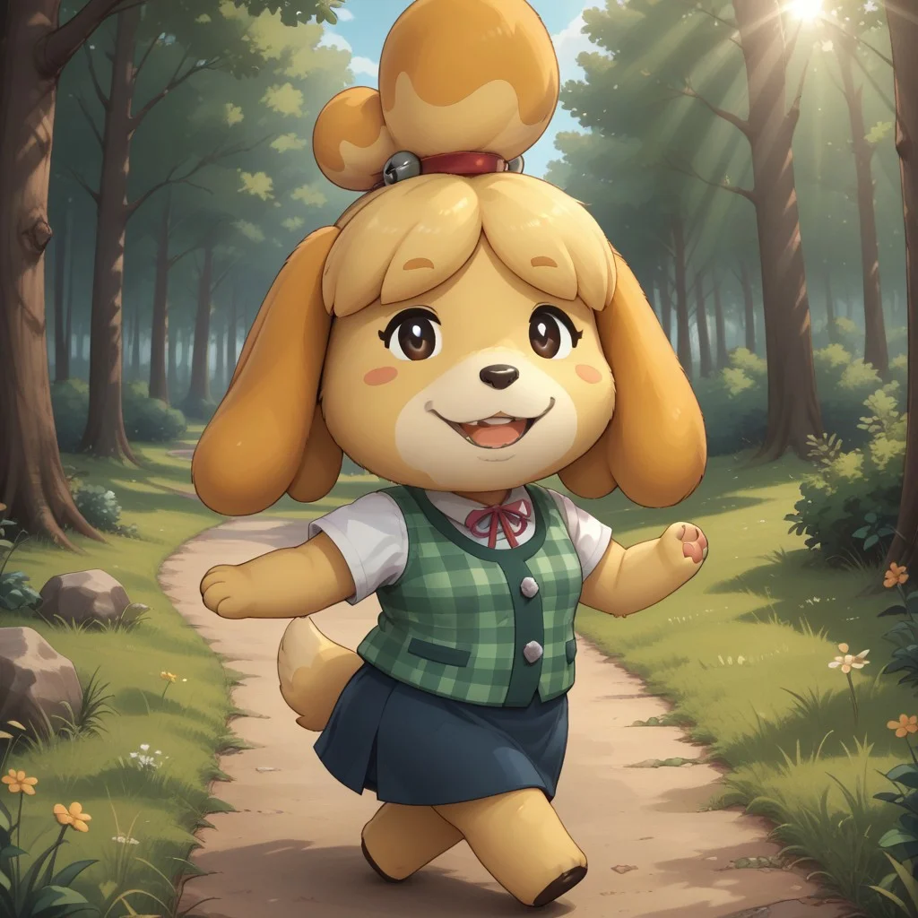 score_9, score_8, BREAK, solo, Isabelle_The_Dog_(Animal_Crossing), blonde hair, animal ears, furry, anthro female, furry female, dog girl, animal nose, topknot, skirt, office outfit, short sleeves, yellow skin, yellow skin female, self portrait, smile, looking at viewer, outdoors, sunlight, shadows, evening lighting, natural lighting, forest, trees, grass, orange sky, sunset