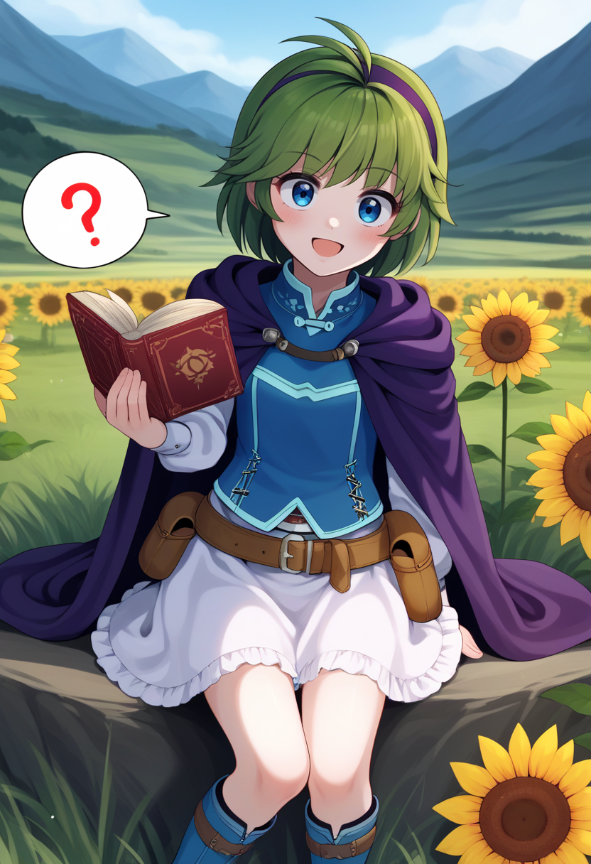 score_9, score_8_up, score_7_up, source_anime BREAK 1girl, solo, standing, looking at viewer, smile, <lora:nino-fe-richy-v1_pdxl:0.9> ninodef, blue eyes, green hair, short hair, antenna hair, purple hairband, blue shirt, purple cloak, long sleeves, white sleeves, white skirt, brown belt, belt pouch, blue knee boots, holding book, confused, ?, spoken question mark, open mouth, blush, sitting, open book, (reading:-0.1), outdoors, field, fantasy, mountainous horizon, tall grass, sunflower field, rock, head tilt