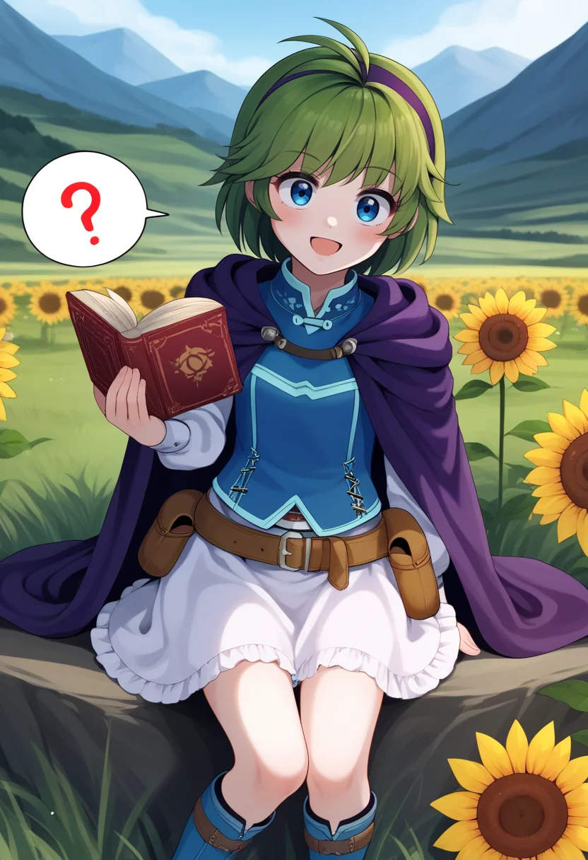 score_9, score_8_up, score_7_up, source_anime BREAK 1girl, solo, standing, looking at viewer, smile, <lora:nino-fe-richy-v1_pdxl:0.9> ninodef, blue eyes, green hair, short hair, antenna hair, purple hairband, blue shirt, purple cloak, long sleeves, white sleeves, white skirt, brown belt, belt pouch, blue knee boots, holding book, confused, ?, spoken question mark, open mouth, blush, sitting, open book, (reading:-0.1), outdoors, field, fantasy, mountainous horizon, tall grass, sunflower field, rock, head tilt