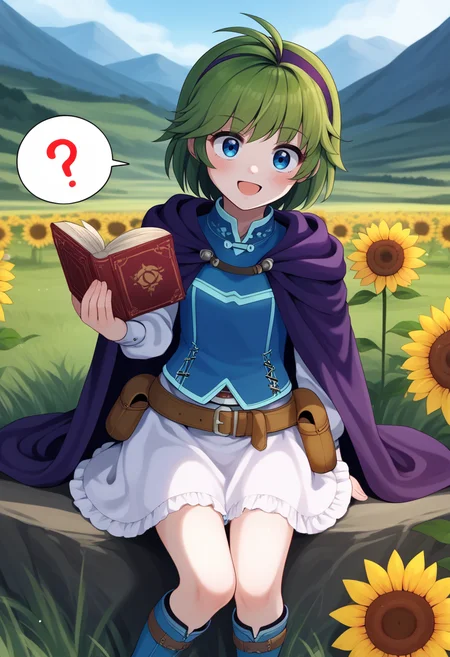 score_9, score_8_up, score_7_up, source_anime BREAK 1girl, solo, standing, looking at viewer, smile, <lora:nino-fe-richy-v1_pdxl:0.9> ninodef, blue eyes, green hair, short hair, antenna hair, purple hairband, blue shirt, purple cloak, long sleeves, white sleeves, white skirt, brown belt, belt pouch, blue knee boots, holding book, confused, ?, spoken question mark, open mouth, blush, sitting, open book, (reading:-0.1), outdoors, field, fantasy, mountainous horizon, tall grass, sunflower field, rock, head tilt