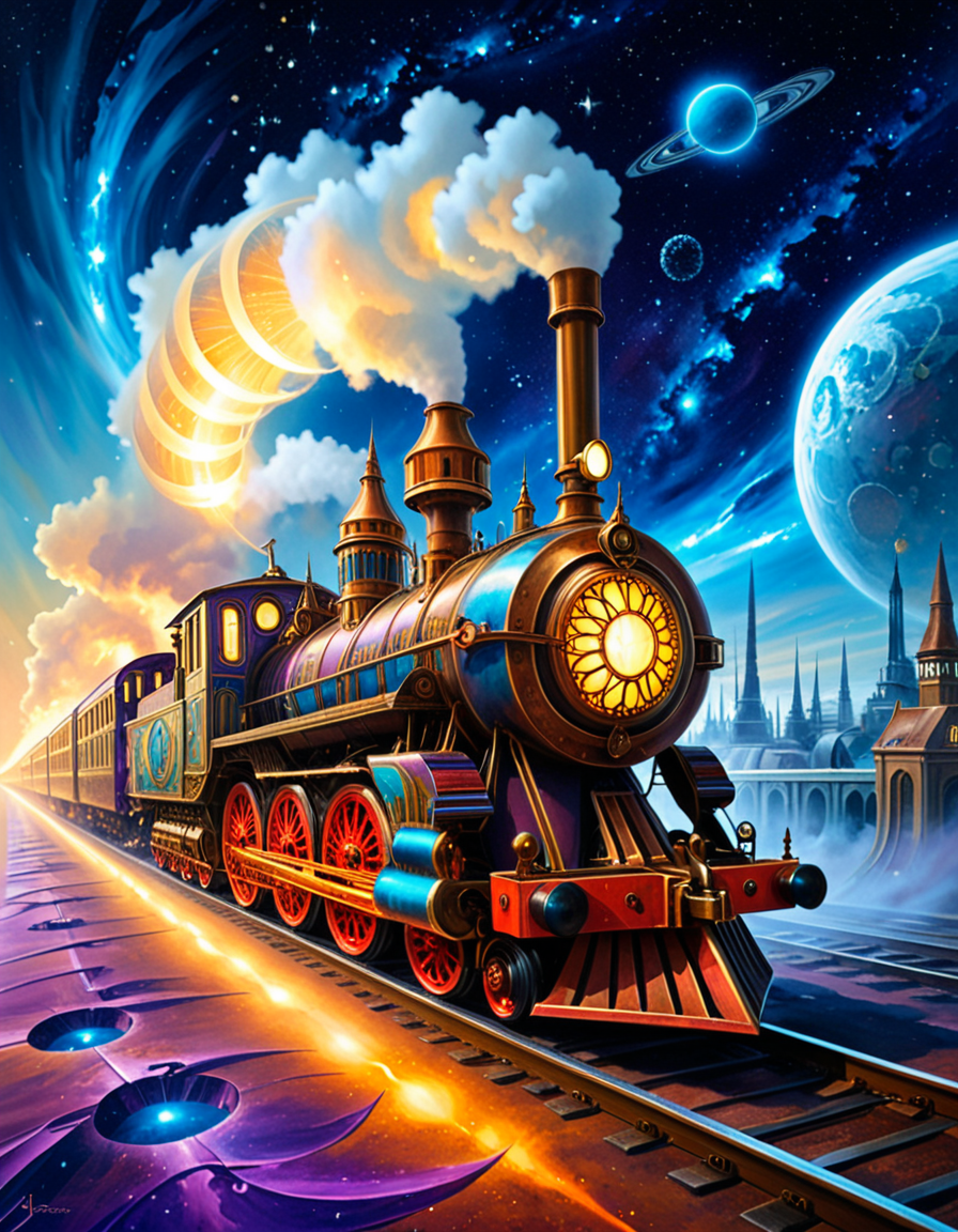 A surreal, steampunk-inspired painting of a fantastical train speeding through deep space, in the distinctive style of JarosÅaw Jasnikowski. The train is elongated, with exaggerated mechanical partsâgears, pistons, brass pipes, and rotating turbinesâinterwoven with intricate ornamentation and impossible engineering. The locomotive defies gravity, riding on luminous rails made of light and energy that twist and spiral into the cosmic void. Stars, nebulae, and strange planetary bodies fill the background, glowing in vibrant hues of violet, blue, and crimson. The train's engine emits streams of golden steam and electric sparks that blend into the surrounding stardust. Elements of surreal architectureâfloating domes, clock towers, and spiresâdrift alongside the train, evoking a dreamlike journey through a mechanical universe. The atmosphere is otherworldly, with dramatic lighting, long shadows, and rich, metallic textures. The entire composition has a dreamlike, metaphysical quality, with exaggerated perspective and impossible physics, capturing Jasnikowskiâs unique visual language.<lora:SDXLFaeTastic2400:0.4> <lora:extremely_detailed:0.4> extremely detailed, <lora:JarosÅaw_J4sn1k0wsk1_r1:1>,JarosÅaw J4sn1k0wsk1, Masterpiece,best quality,hi res,8k,hi res,8k,award winning,(sharp focus, intricate, highly detailed),