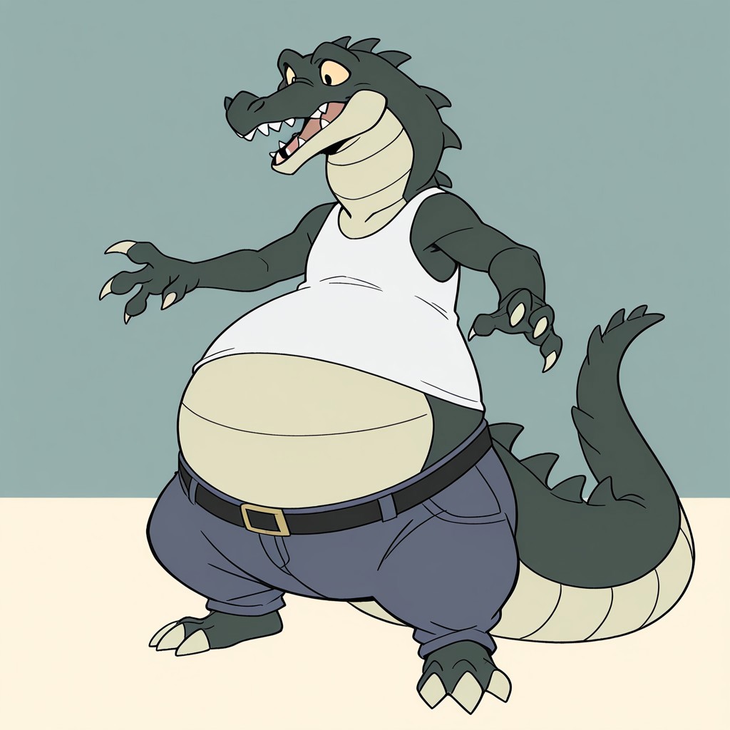 1boy, solo, official art, masterpiece, best quality, amazing quality, male, males only, male focus, Carv, crocodile, scalie, green skin, tan belly scales, head spikes, tail spikes, claws, tan claws, 4 fingers, 3 toes, tan sclera, black pupils, long snout, sharp teeth, long tail, bottom heavy, overweight, ((big belly:1.6)), white tank top, blue jeans, belt, male, solo, high quality, detailed, amazing shading, digital art, masterpiece