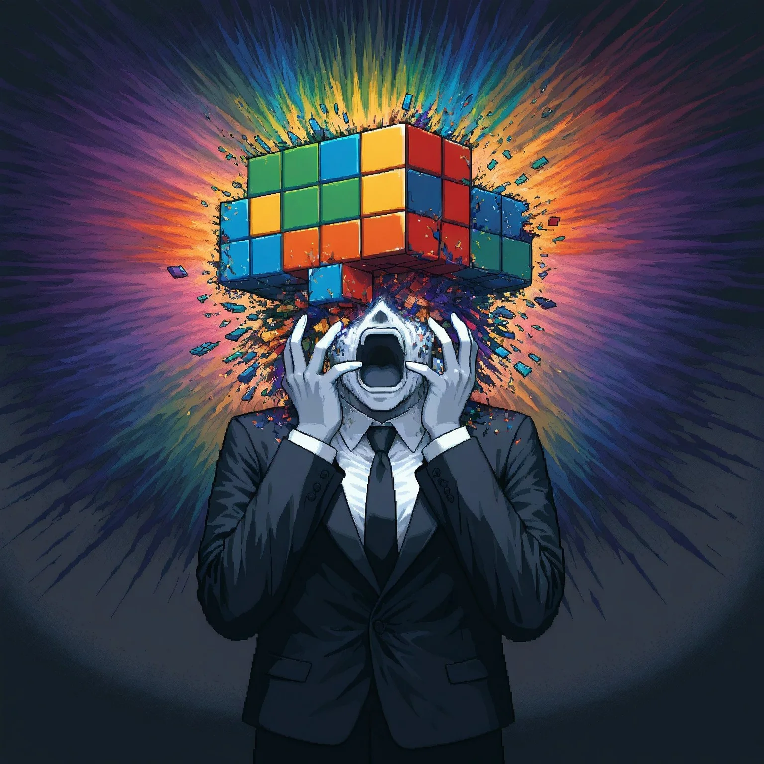 (pixel art:1.3),
lukch, painting_\(medium\), solo, no humans, human, suit, disintegration, screaming, hands to own face, tetris, rainbow order, unmoving pattern