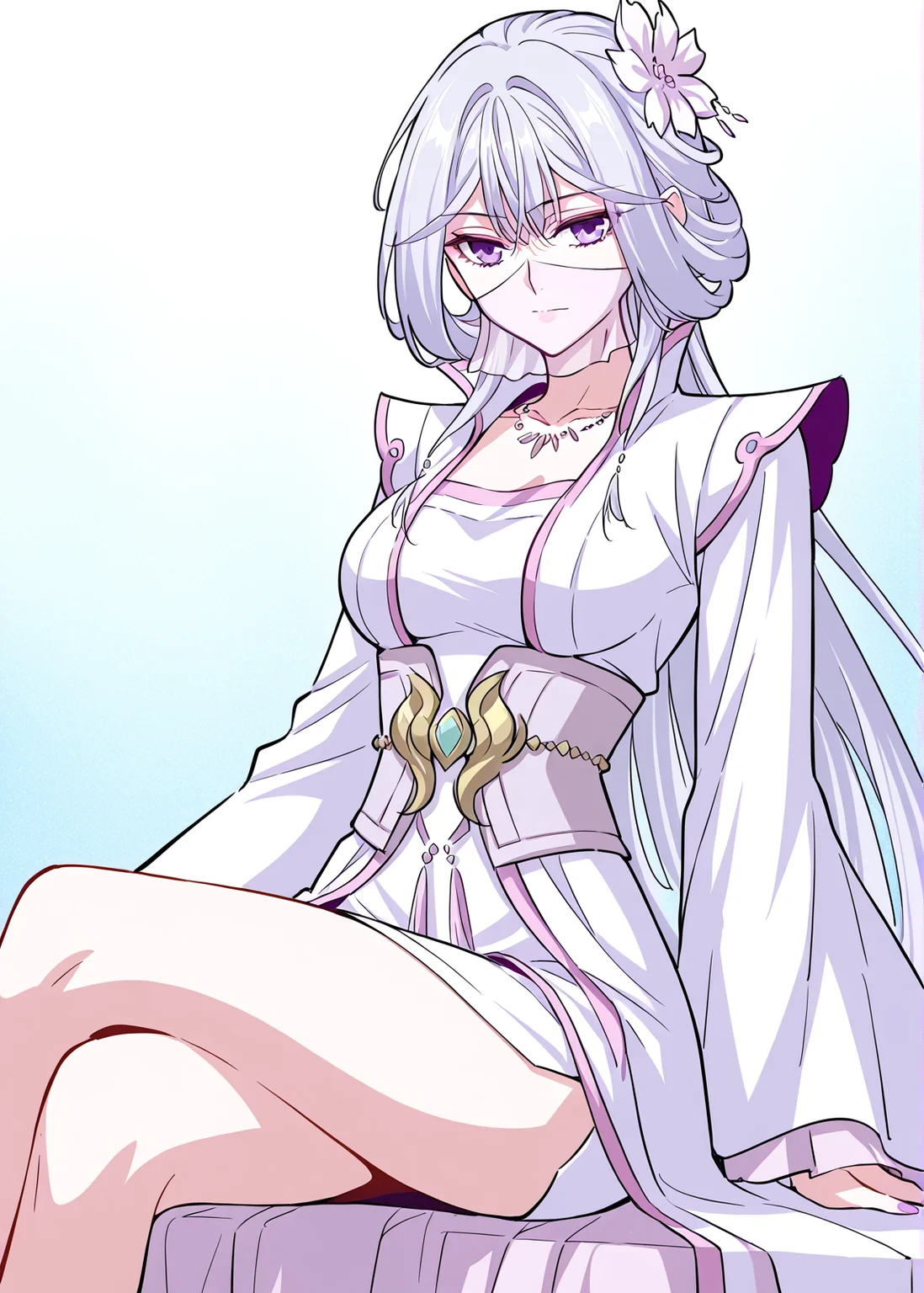 <lora:Chu_Qingcheng__Demon_Emperor__Illustrious:1>
1girl, solo, white hair, long hair, straight hair, hair flower, parted bangs, sharp eyes, purple eyes, face mask, white mask,
elegant outfit, white dress, layered dress, pink trim, high slit dress, wide sleeves, flowy fabric, gem necklace, ornamental belt, waist gems, high collar, shoulder armor detail,
(Anime_source),Masterpiece,(perfect female body:1.2), small waist,(incredibly detailed:1.4), slim, looking at viewer, sitting, crossed legs,