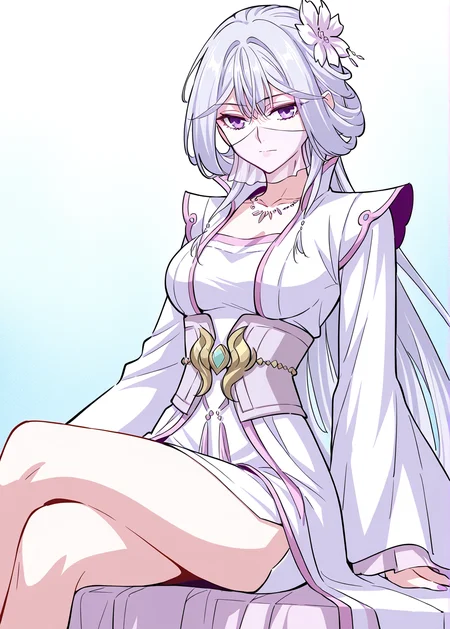 <lora:Chu_Qingcheng__Demon_Emperor__Illustrious:1>
1girl, solo, white hair, long hair, straight hair, hair flower, parted bangs, sharp eyes, purple eyes, face mask, white mask,
elegant outfit, white dress, layered dress, pink trim, high slit dress, wide sleeves, flowy fabric, gem necklace, ornamental belt, waist gems, high collar, shoulder armor detail, 
(Anime_source),Masterpiece,(perfect female body:1.2), small waist,(incredibly detailed:1.4), slim, looking at viewer, sitting, crossed legs,