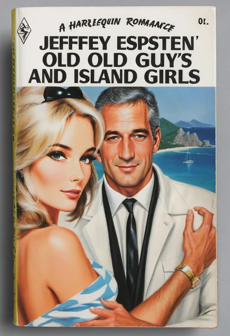 ASCII Cover of a Harlequin romance novel ?with text Jeffrey Epstein?s Old Guys and Island Girls ?