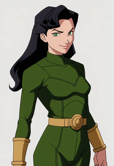 1girl, female focus, solo, Caitlin, black hair, long hair, green eyes, small breasts, turtleneck, Power Pack uniform, asymmetrical clothes, print bodysuit, green bodysuit, black bodysuit, bracers, metal bracers, belt, cowboy shot, looking at viewer, smile, v, rating_safe, simple background, white background
