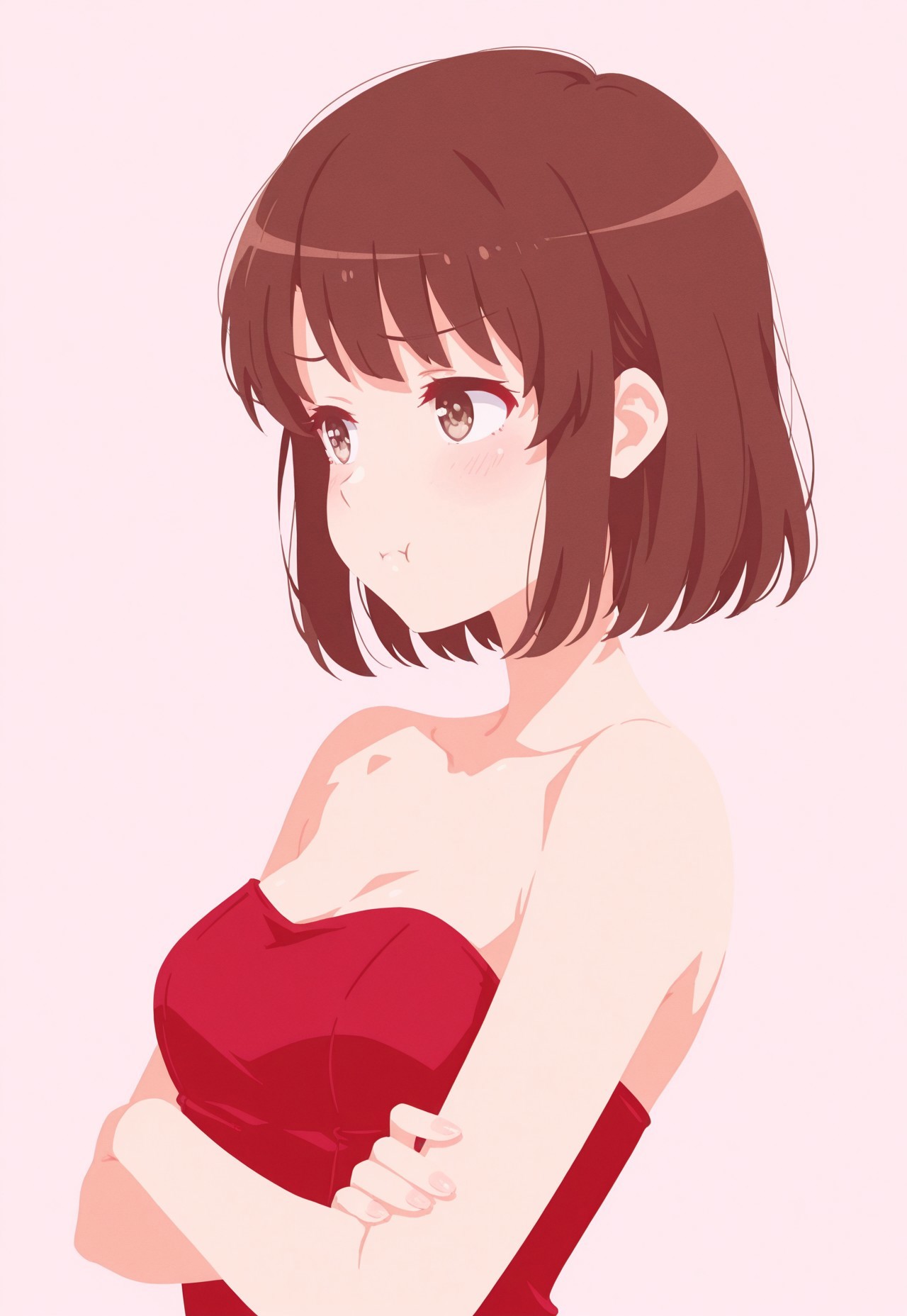 safe_pos, 1girl,Megumi <lora:IL-KatoMegumi:0.8>,brown hair,katou megumi,brown eyes,medium breasts,short hair, solo cute, anime illustration, strapless bodycon dress, red dress, side slit, normal anatomy, (huffy expression, pout, arms crossed), upper body, close-up, side view, ((no lineart, flat colors, bright colors, soft illustration, limited pallet)), masterpiece, best quality, 8k