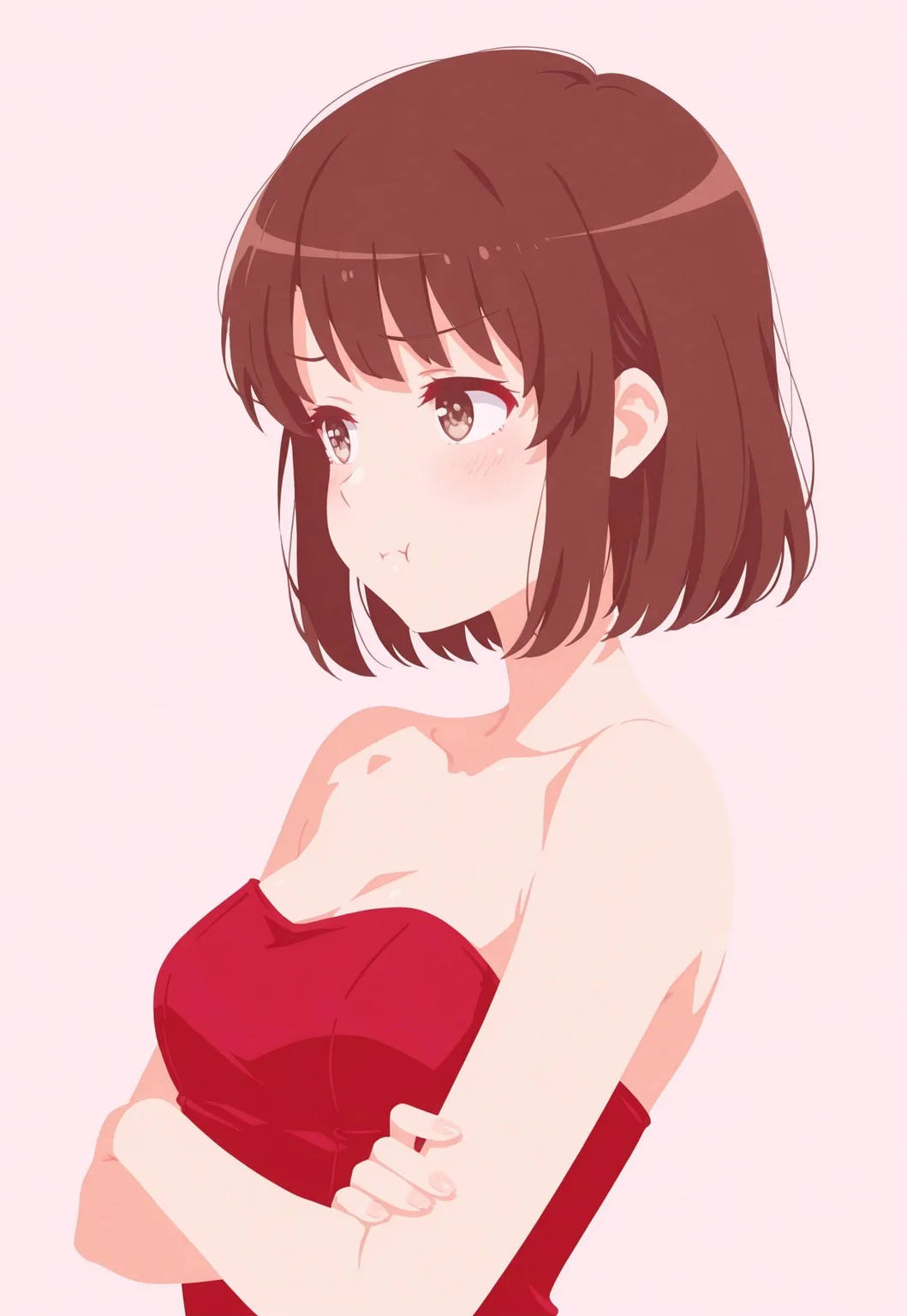 safe_pos, 1girl,Megumi <lora:IL-KatoMegumi:0.8>,brown hair,katou megumi,brown eyes,medium breasts,short hair, solo cute, anime illustration, strapless bodycon dress, red dress, side slit, normal anatomy, (huffy expression, pout, arms crossed), upper body, close-up, side view, ((no lineart, flat colors, bright colors, soft illustration, limited pallet)), masterpiece, best quality, 8k