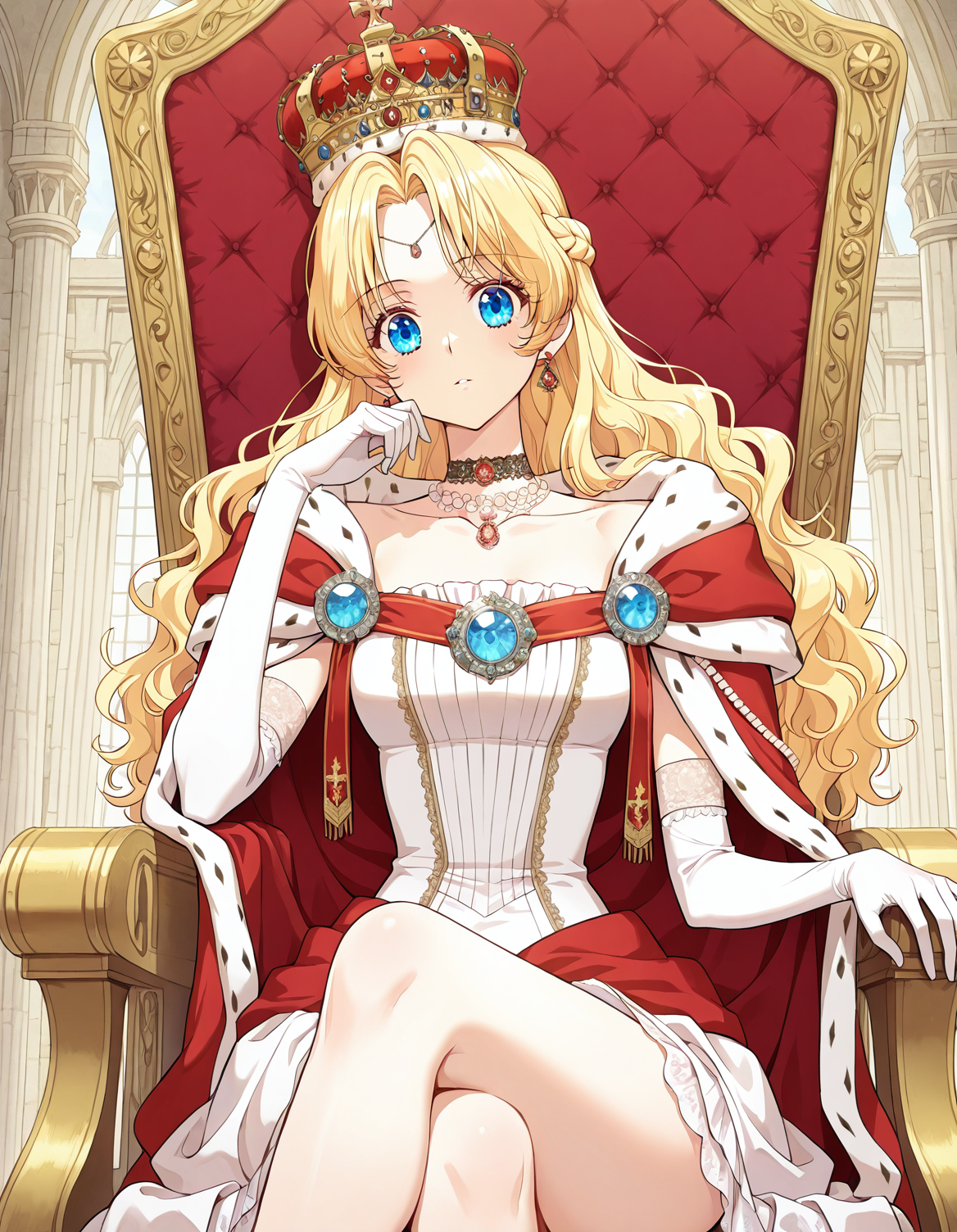 <lora:Athanasia_r1:1>
1 girl, solo, princess, blue eyes, blonde hair, long hair, wavy hair, french braid, bangs, parted bangs
white dress, necklace, collarbone, earrings, choker, gem, jewelry, red cape, crown, bracelete, pearl necklace, white gloves, elbow gloves
(Anime_source),Masterpiece,(perfect female body:1.2), small waist,(incredibly detailed:1.4), slim, beautiful fingers, beautiful white skin, Beautiful clear skin, thick thighs, parted lips, looking at viewer,  1girl, sitting on throne, crossed legs, castle room background