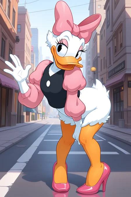 masterpiece, best quality, amazing quality, absurdres, daisyduck, solo, standing, waving, white plumage, white feathers, orange legs, looking at viewer, smile, pink bow, puffy sleeves, short pink sleeves, black shirt, pink stiletto heels, outdoors, city, street