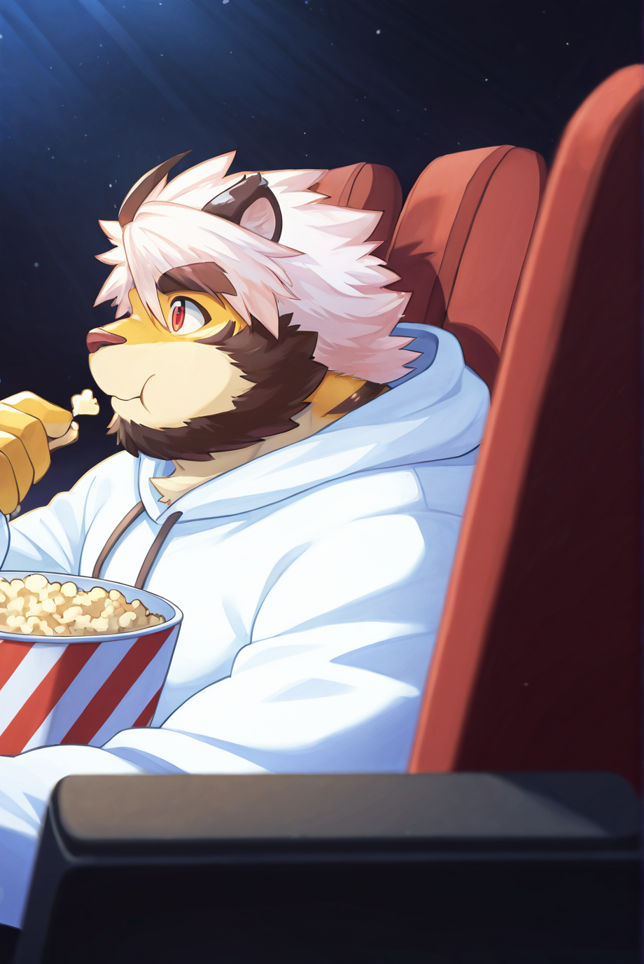 safe_pos, furry male, male focus, solo, thick eyebrows, furry, tiger, cute, close up, from side, glistening eyes, sitting, anthro, kemono, in a movie theater, back row seat, large space, dark, dim light, holding a bucket of popcorn, eating popcorn, vibrant, happiness, recline seat, white hoodie, indoor, exciting, shading BREAK very aesthetic, masterpiece, very impressive background, best quality, high quality, absurd res, high detail, smooth drawing,  <lora:Character_Trad_Mon-Mon_ILXL:1>
