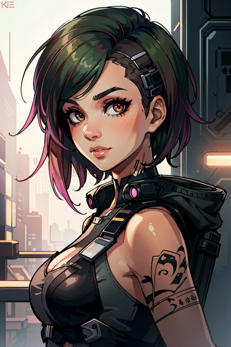 (masterpiece:1.2),(best quality:1.2),(high resolution:1.2)
<lora:CyberJudy:0.8>
CyberJudy, 1girl, solo, asymmetrical hair, green hair, pink hair, brown eyes, tattoo, ilya kuvshinov, artgerm