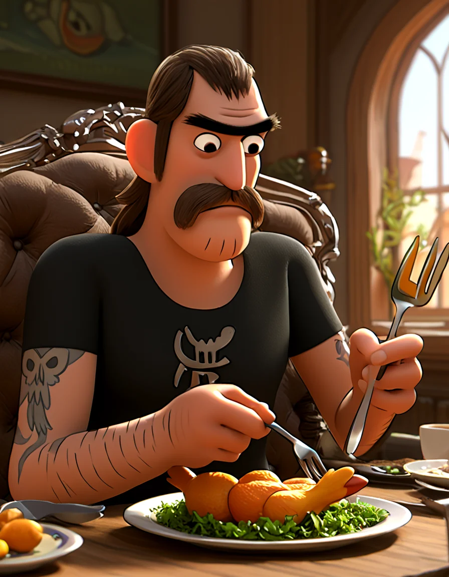 <lora:Mel_Sumouski_-__Clarence:0.85> 1boy, brown hair, mullet, horseshoe moustache, facial hair, black eyes, arm tattoo, body hair, black shirt, short sleeves, sitting, dining, eating, holding, holding plate, holding fork with chicken drumstick, lowered eyebrow, looking down,, source_cartoon, score_9, score_8_up, score_7_up,