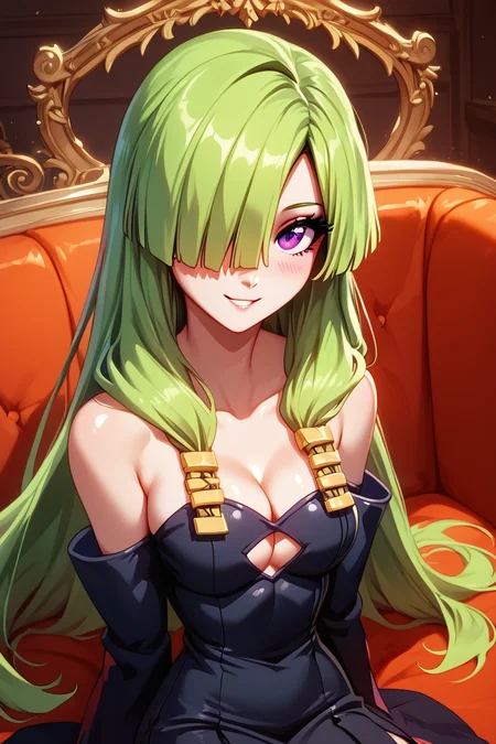score_9, score_8_up, score_8, medium breasts, (curvy), cute, eyelashes, ,,, , ,,, zzDoll, purple eyes, green hair, long hair, hair over one eye, bare shoulders, cleavage, detached sleeves, black dress, clothing cutout, <lora:DollTenchi_PDXL:1>,,,, BREAK, ,,, smile, looking at viewer, blush, blurry, couch, sitting, ,,, shiny skin, <lora:ProAnime_PDXL_v1:0.7>, ,,, embedding:zPDXL, Expressiveh, <lora:SDXLFaeTastic2400:0.5>, <lora:Expressive_H-000001:0.4>,